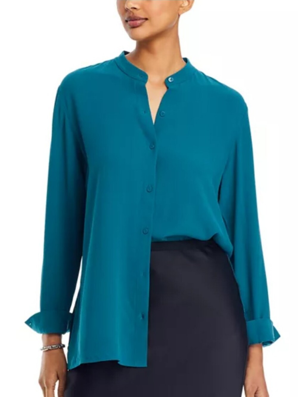 Eileen Fisher Teal Silk Mandarin-Collar Button-Front Shirt